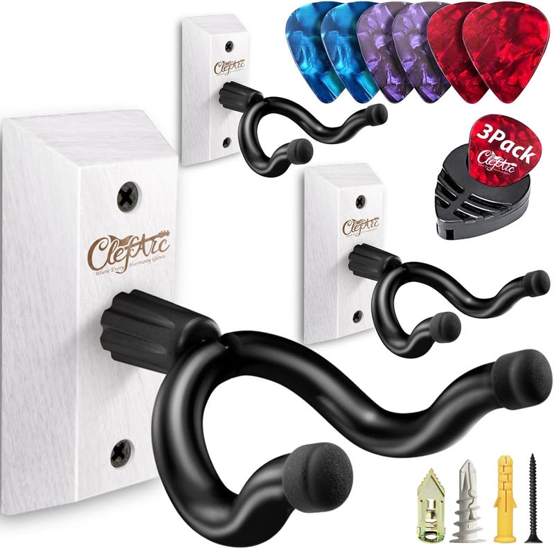 ClefArc Guitar Wall Mount 3 Pack - White Hardwood Guitar Wall Hangers, Guitar Picks, Pick Holder, Guitar Accessories, U-Shape Hardwood Guitar Hanger, Gifts for Guitarists, with 6 Assorted Guitar Picks - Image 1